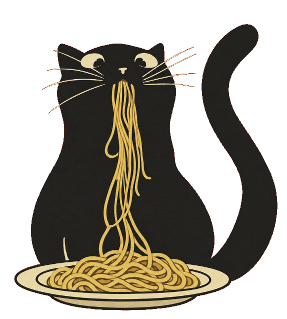black cat eating spaghetti from a plate